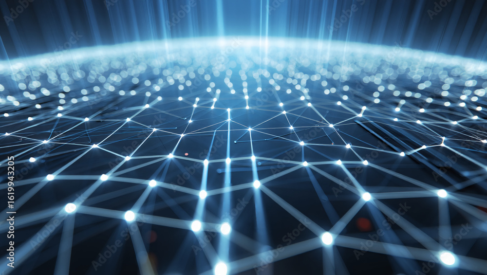 Poster abstract glowing digital globe network of connections and nodes with light rays