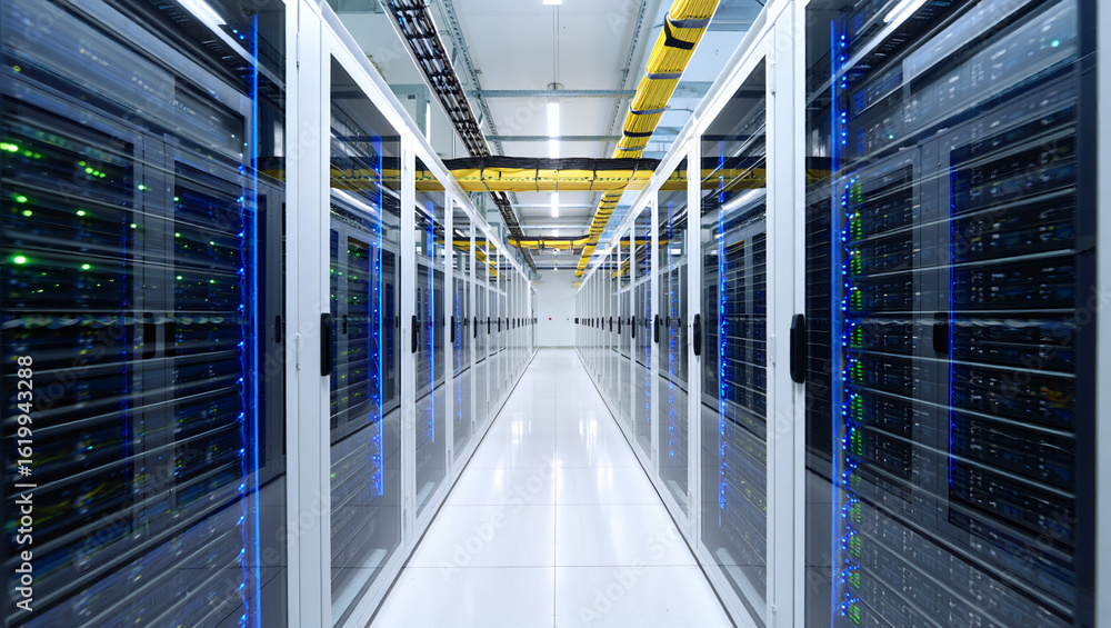 Poster modern data center server room with rows of computer racks and blue lights