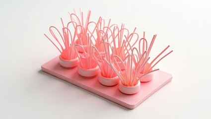 Pink miniature plants on a rectangular base.