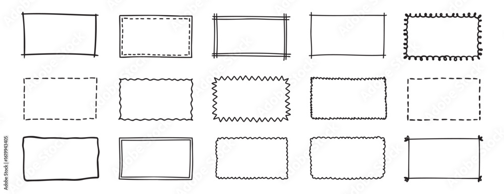 Poster doodle hand drawn rectangle frames set. rectangle shape. scribble pencil square empty text box. line