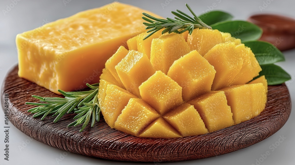 Poster a slice of mango is on a wooden cutting board next to a block of cheese. the cheese is yellow and th