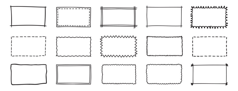 doodle hand drawn rectangle frames set. rectangle shape. Scribble pencil square empty text box. Line border design elements.