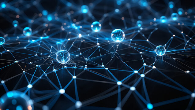 Abstract glowing blue network of nodes and connections representing digital data and technology
