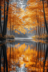 Obraz premium Trees shrouded in fog at a serene lake.