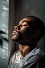 Young man enjoying sunlight with eyes closed near window