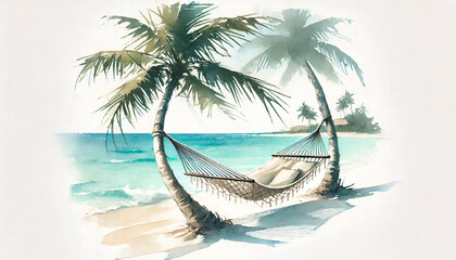 A loose watercolor illustration of a serene Caribbean beach scene featuring a hammock strung between two palm trees. The soft turquoise ocean and white sand evoke a peaceful, tropical atmosphere