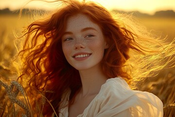 Redhead woman smiling in wheat field during golden hour