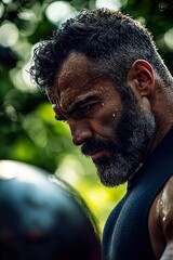 Bearded man holding medicine ball during outdoor workout session