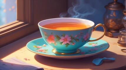 An untouched teacup in morning stillness. 