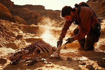 Man uncovering dinosaur skeleton during desert paleontology expedition