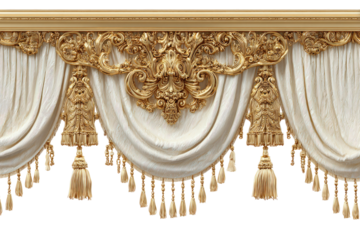 Ornate gold trim drapes with cream fabric and tassels