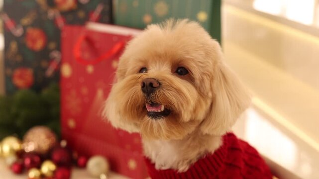 a Maltipoo dog wearing a Santa hat and a red sweater with New Year's gifts