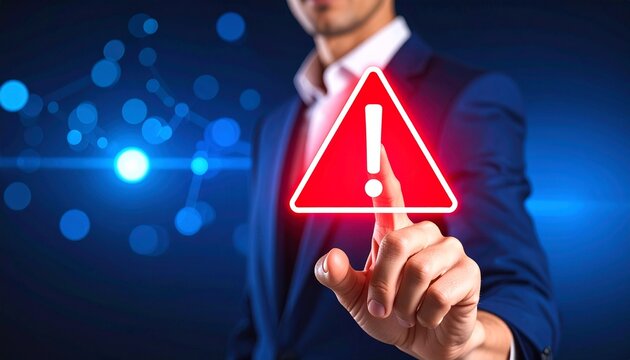 A human hand presses a futuristic red alert symbol on a digital screen, highlighting the concept of digital risk and immediate action in a corporate tech environment - Powered by Adobe
