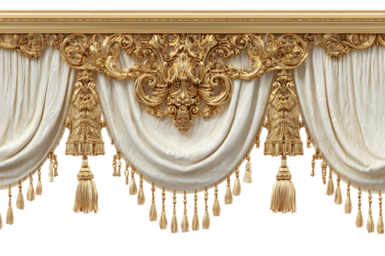 Ornate gold trim drapes with cream fabric and tassels