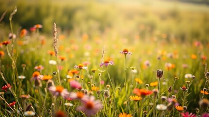 A field of wildflowers in varying shades of orange pink and white set against a backdrop of green grass and foliage under a soft diffused light