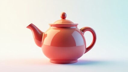 A glossy, vibrant, coral-colored teapot against a soft, light background.