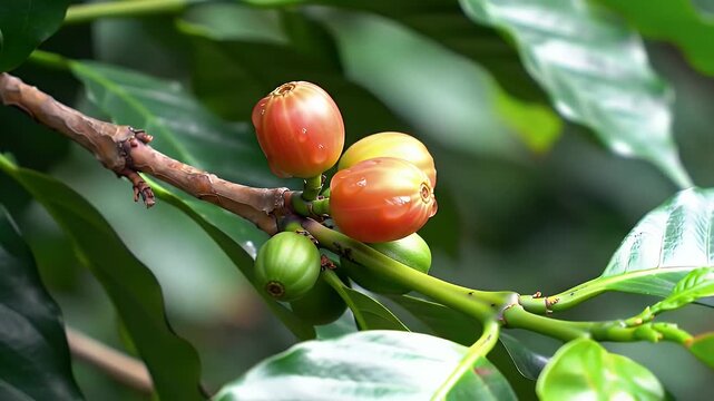 Close Up of Vibrant Coffee Cherries on a Branch Exhibiting a Color Gradient from Green to Yellow to Red Amidst Lush Foliage Capturing the Essence of Tropical Agriculture and Coffee Production with