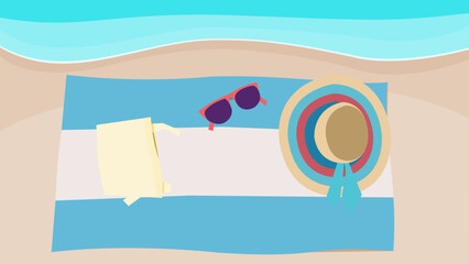 Summer Beach Relaxation - Minimalist Flat Design Illustration with Sunglasses and Hat