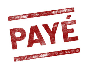 Red rubber stamp with French text ‘Payé’ (Paid) isolated on transparent background
