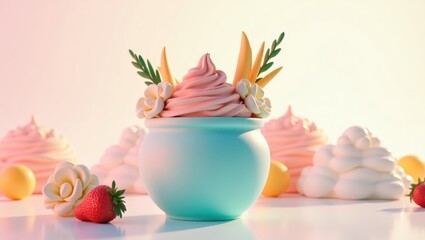 Whimsical dessert display with pastel colors and sculpted textures.