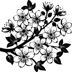 Black and White Cherry Blossom Branch Illustration.