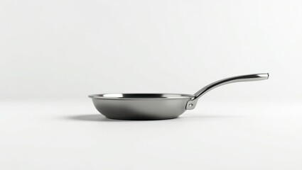 Stainless steel frying pan against a white background.