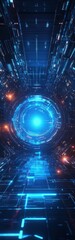 Fototapeta premium Futuristic technology corridor with glowing blue portal and intricate circuits