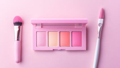 A pastel pink makeup palette featuring soft rainbow-colored shades and an elegant cosmetic brush on the side, placed against a clean, minimalist background for a fresh and stylish presentation.