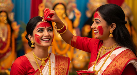 Two women in red and white sarees celebrate a durga puja vijayadashami festive occasion, applying red vermilion on each other foreheads.