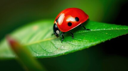 Obraz premium A ladybug perches on a bright green leaf