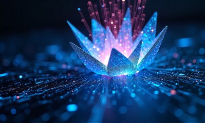 A dazzling digital lotus blooms with radiant blue and pink light, surrounded by shimmering optical fibers and ethereal bokeh.