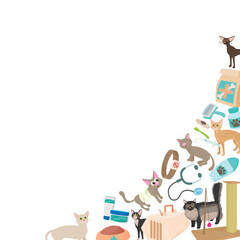 Cartoon cats, pet carrier, food, medicine, toys, and first aid supplies create a delightful pet care corner border