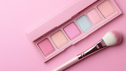 A pastel pink makeup palette featuring soft rainbow-colored shades and an elegant cosmetic brush on the side, placed against a clean, minimalist background for a fresh and stylish presentation.