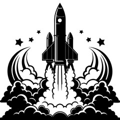 Black and White Rocket Launching with Stars and Smoke.