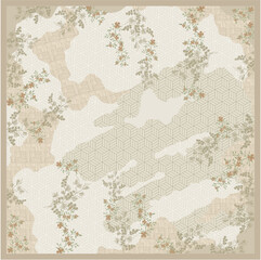 Obraz premium Modern abstract botanical pattern with soft geometric hexagon elements and scattered green foliage on beige background for textile and scarf design