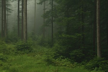Obraz premium Misty forest scene with tall trees. Lush green undergrowth