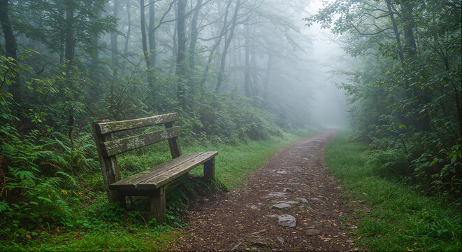 Wooden bench along a misty forest trail surrounded by lush greenery and fog in the early morning