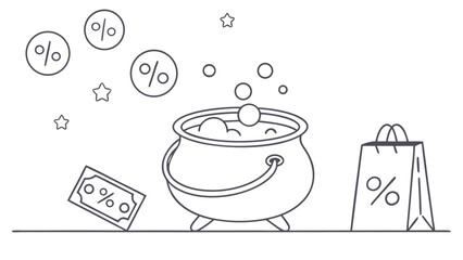 Magical discounts and sales brewing in a cauldron with percentage symbols and shopping bag representing financial deals and savings