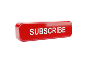 Glossy red rectangular button with "SUBSCRIBE" text, prominent and raised, smooth rounded corners, subtle inner shadow, isolated on a transparent infinite studio background, 3/4 view, professional