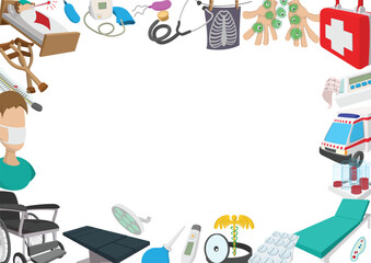 Cartoon style medical background showing hospital and healthcare related icons framing copy space