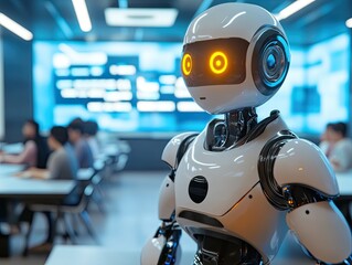 A robot in a futuristic classroom, teaching a group of human students in a futuristic classroom with holographic textbooks and interactive displays