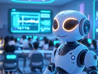 A robot in a futuristic classroom, teaching a group of human students in a futuristic classroom with holographic textbooks and interactive displays
