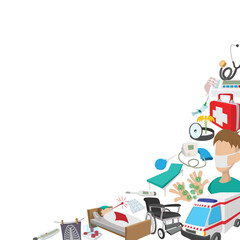 Cartoon style medical background showing patient, doctor, and equipment relating to healthcare and medicine