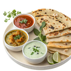 Delicious Indian Cuisine Naan Bread with Curries and Sauces on transparent background