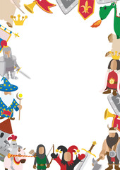 Cartoon medieval characters and fantasy elements forming a frame border with white copy space