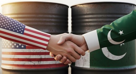 U.S. and Pakistani Flags Framing Oil Barrel Agreement in Sunset Handshake