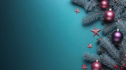 Festive Winter Background with Fir Branches, Violet Baubles, and Bronze Star Christmas Decorations