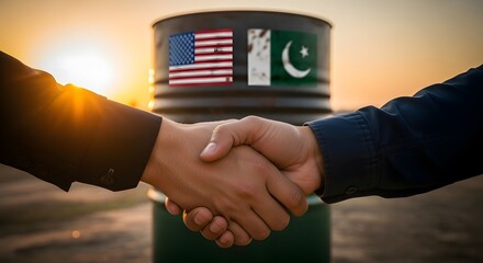 U.S. and Pakistani Flags Anchoring Sunset Handshake of Agreement, Oil Trade Deal