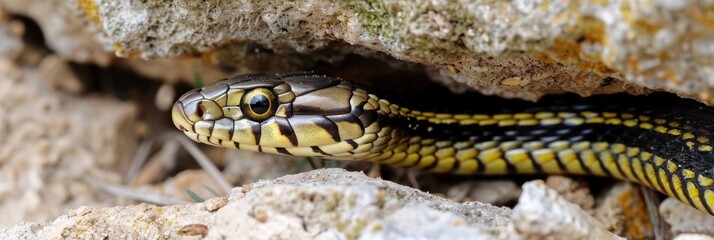 Obraz premium Snake emerging from rock crevice