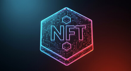 Glowing neon nft symbol on a dark futuristic background with digital circuitry